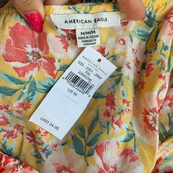 AMERICAN EAGLE YELLOW FLORAL ONE SHOULDER BLOUSE RUFFLE NECKLINE MEDIUM - Picture 6 of 7